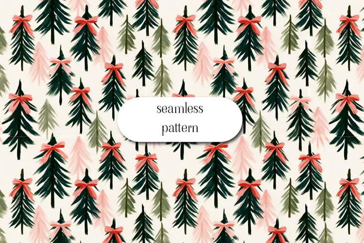 Pink Christmas Trees Seamless Pattern with Ribbon Bows