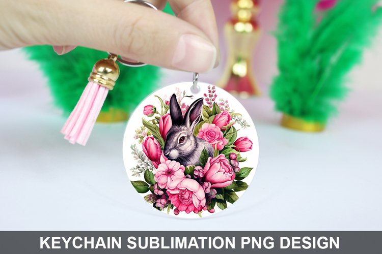 Bunny Round Keychain, Bunny Flowers Keychain Design