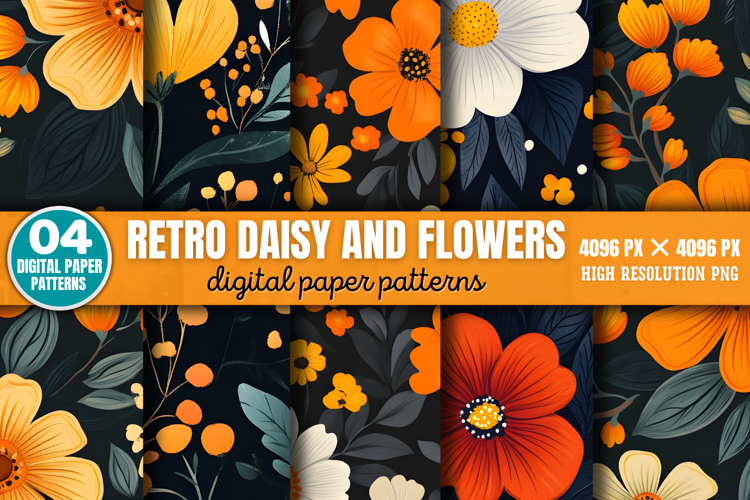 Retro Daisy and Flowers Patterns Paper Patterns PNG