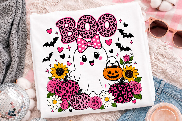 Cute Boo Halloween Ghost With Pink Pumpkin And Floral example image 1