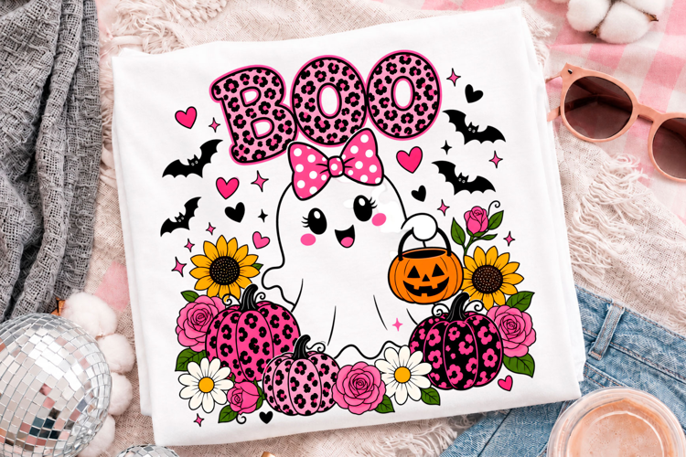 Cute Boo Halloween Ghost With Pink Pumpkin And Floral