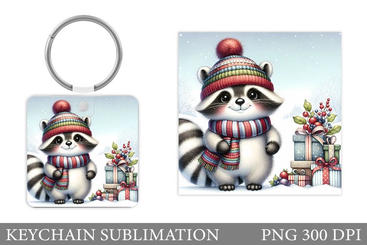 Christmas Raccoon Keychain. Christmas Keychain Sublimation example image 1