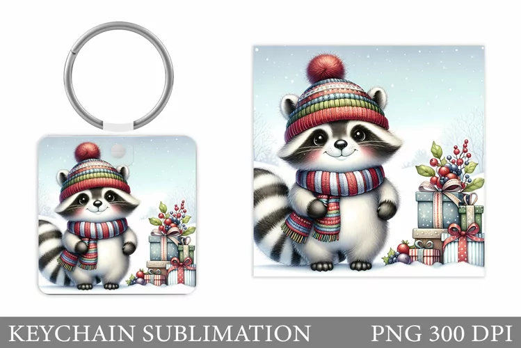 Christmas Raccoon Keychain. Christmas Keychain Sublimation