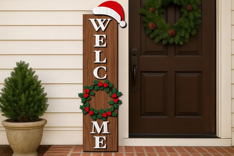 Welcome Christmas Porch Sign Laser Cut | Vertical Sign | SVG