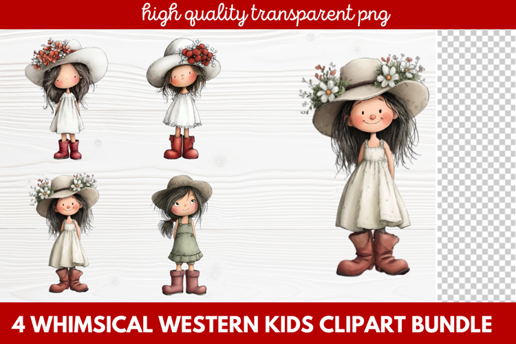 4 Whimsical Western Kids Clipart | Cute Cowboy   Cowgirl PNG