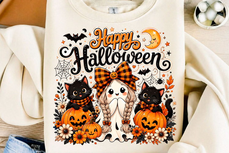 Happy Halloween Ghost Girl and Black Cats PNG