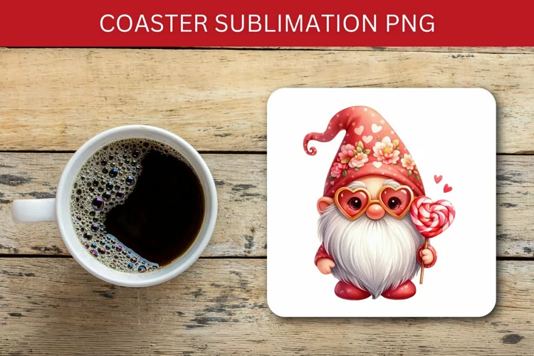 valentine square coaster - gnome with hearts