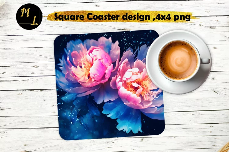 Peonies Coaster sublimation, Flowers Square Coaster design