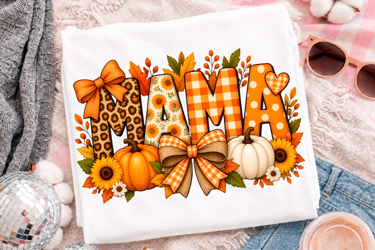 Mama Fall Pumpkin Floral Bow T-Shirt Design