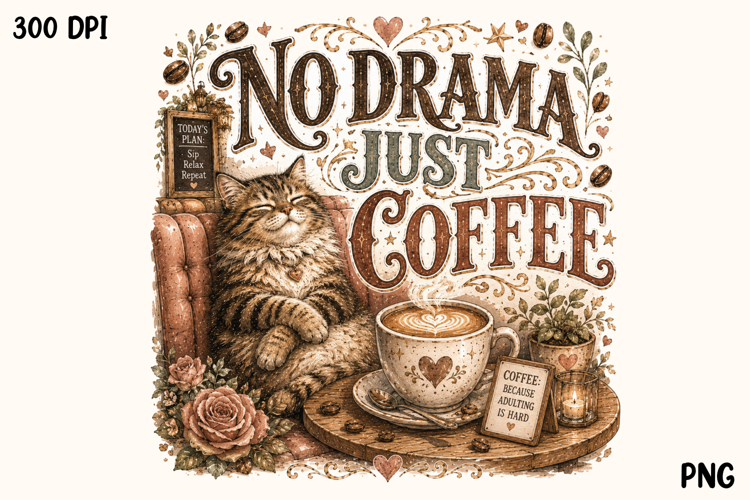 No Drama Just Coffee Cozy Cat Vintage PNG
