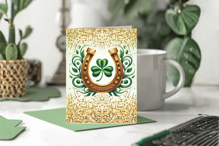 Lucky Horseshoe and Shamrock Greeting Card PNG Sublimation D