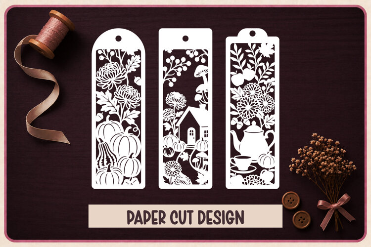 3 Autumn Paper Cut Bookmarks SVG example image 1