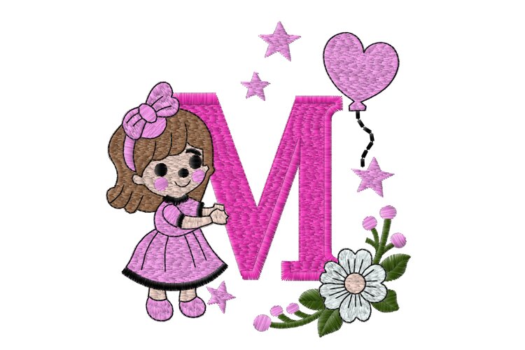 Letter M Girl Machine Embroidery Design example image 1