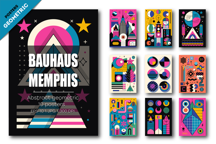 Abstract geometric Bauhaus, Memphis 03. 10 Posters.