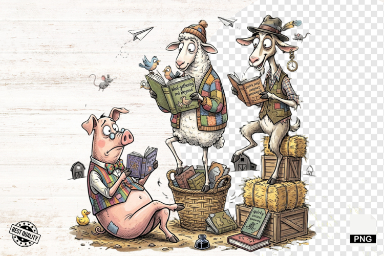 Whimsical Farm Animals Love Reading - Animals Clipart