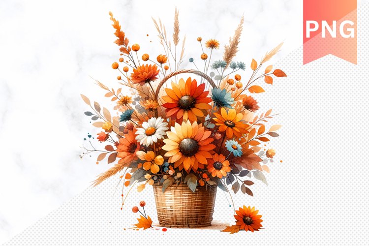 Autumn Flowers Basket Sublimation - Clipart PNG Design