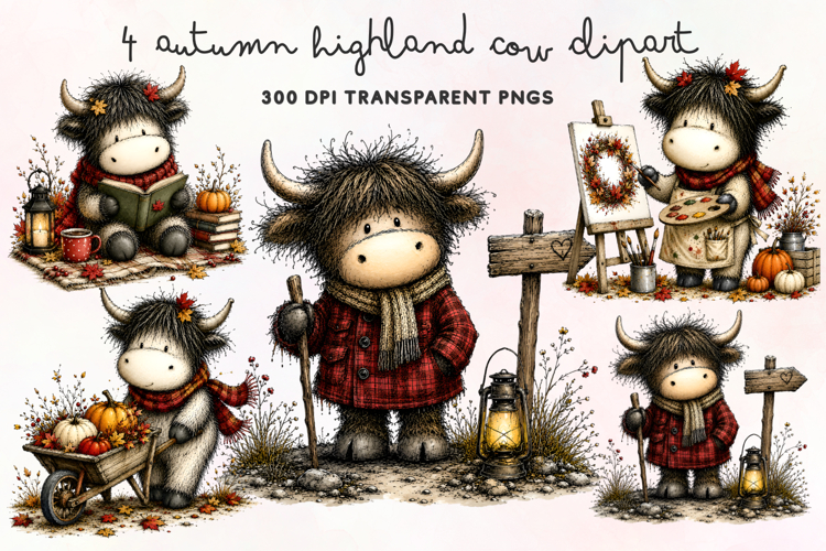 Autumn Highland Cow Clipart PNG