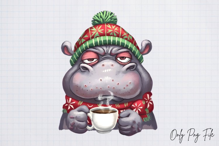 Grumpy Christmas Animal Coffee Clipart PNG