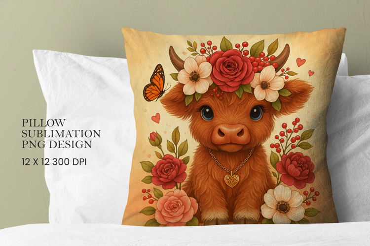 Highland Cow Flowers Pillow Sublimation PNG