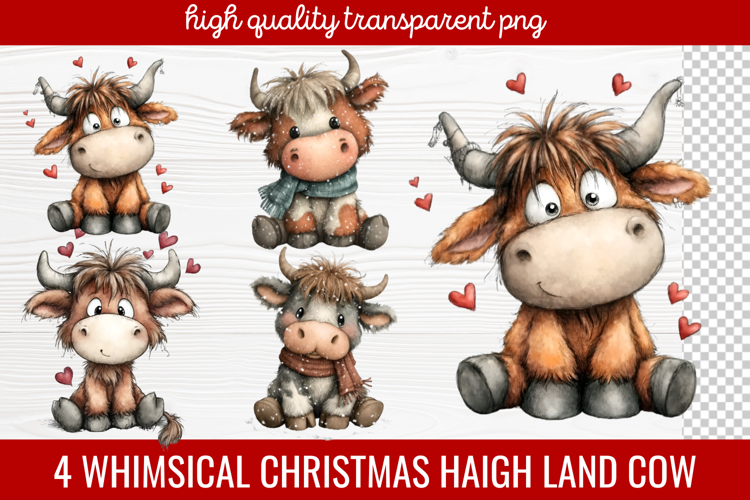 4 Whimsical Christmas Highland Cow Clipart | Cute Festive