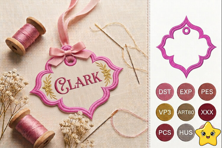 ITH Quatrefoil Gift Tag Machine Embroidery Design example image 1