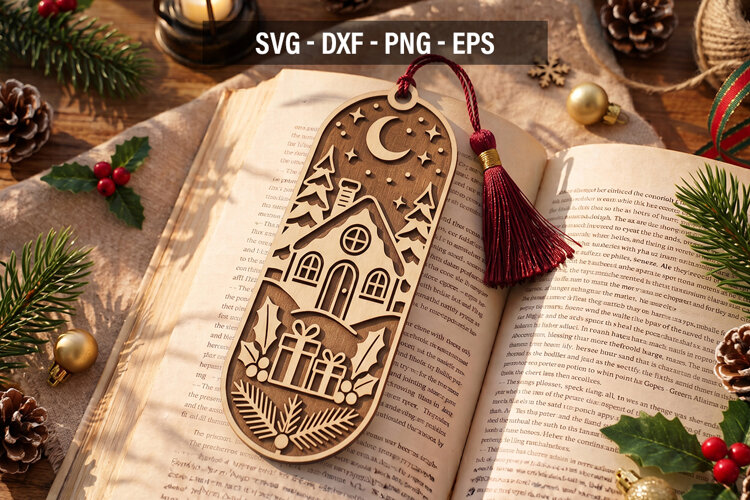 Christmas Bookmark SVG, Holiday Laser Cut Bookmark example image 1
