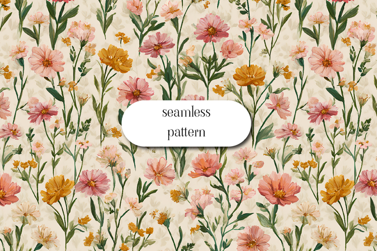 Seamless Wildflower Pattern on Beige Background