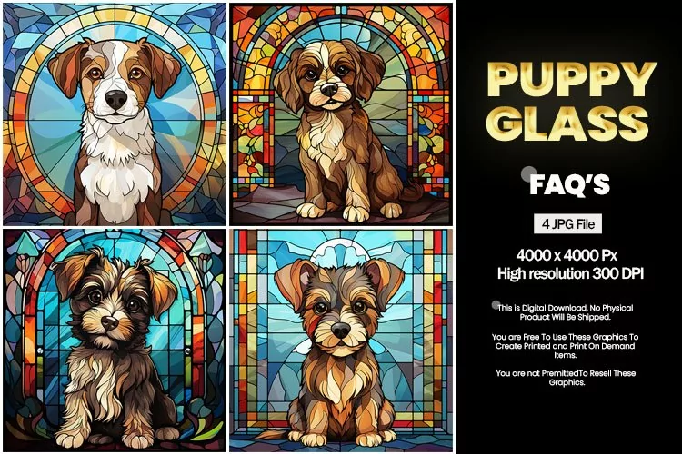 Puppy Stained Glass Square Coaster - 04 Variations