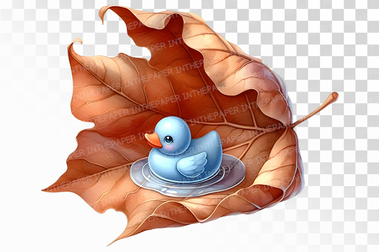 Blue Rubber Duck Floating in Puddle with Autumn Leaves PNG