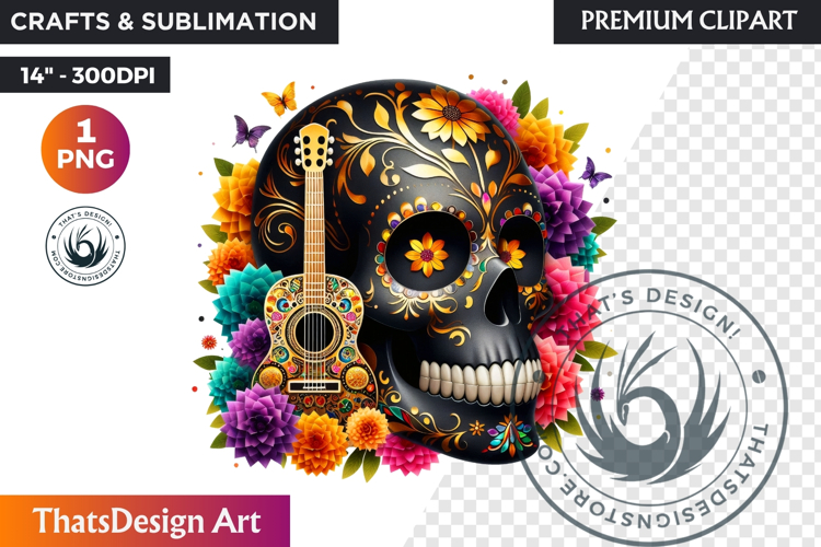 Floral Black Gold Sugar Skull dia de muertos Clipart PNG