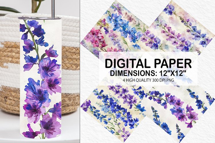 Watercolor Larkspur Flowers Digital Paper example image 1