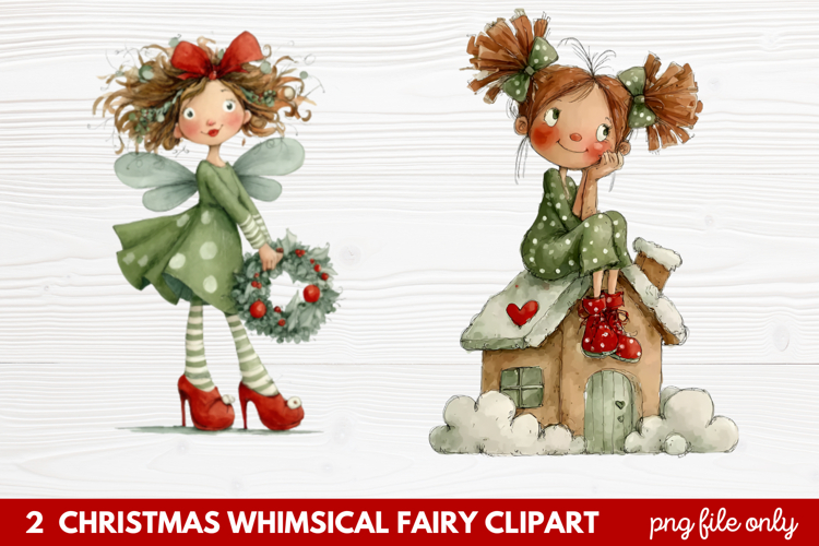 2 Christmas Whimsical Fairy Clipart | Cute Holiday Fairies