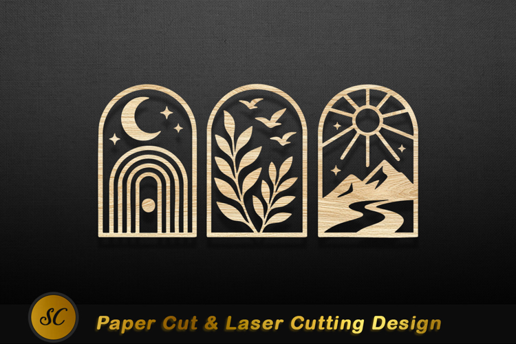 Arched wooden nature scenes moon stars Laser Cut