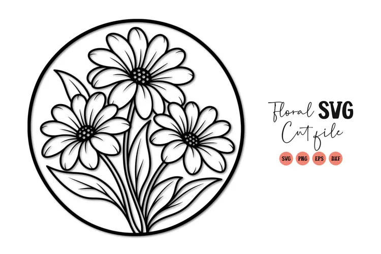 Daisy Flower Circle Line Art SVG PNG