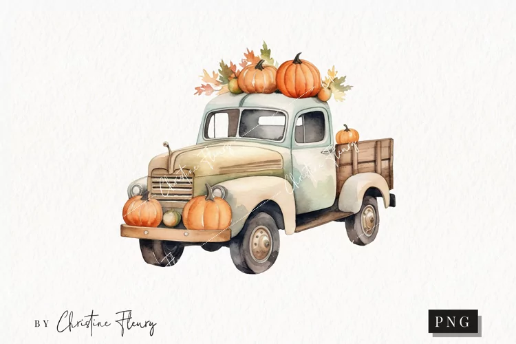 Watercolor Vintage Truck Clipart | Watercolor Fall PNG