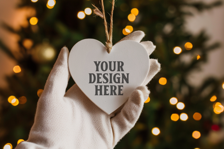Romantic Christmas Ceramic Heart Ornament Mockup | Holiday
