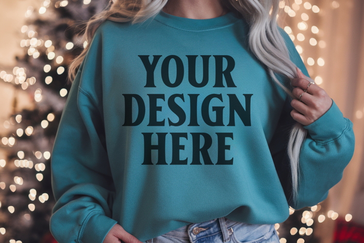Comfort Colors 1566 Blue Spruce Sweatshirt Mockup, Cozy Boho