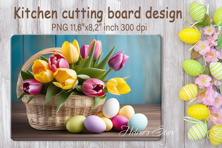 Tulip Flowers and Easter eggs cutting board sublimation PNG