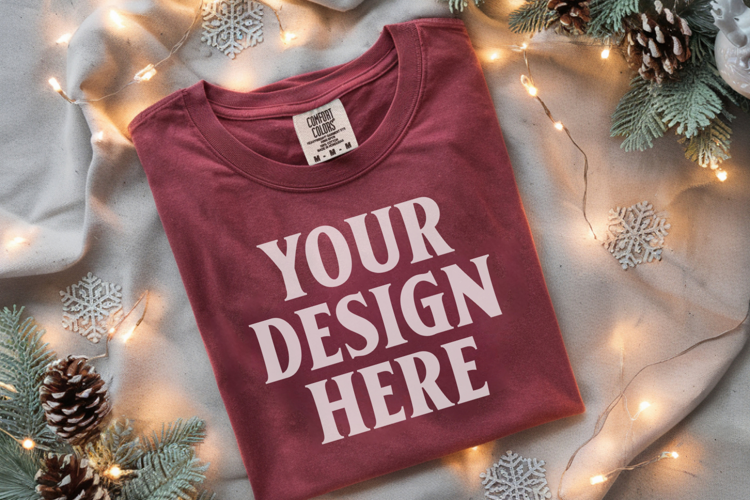 Crimson Comfort Colors 1717 Christmas Folded T-Shirt Mockup
