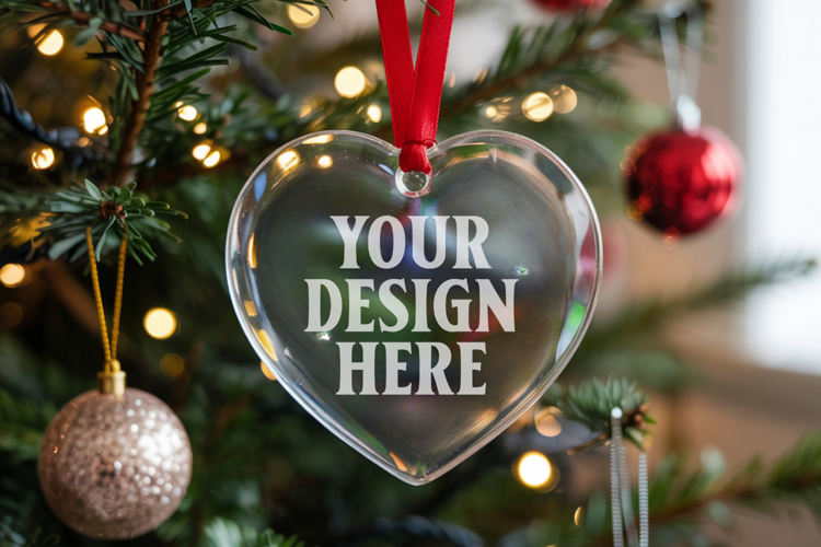 Christmas Heart Crystal Glass Ornament Mockup | Clear Heart