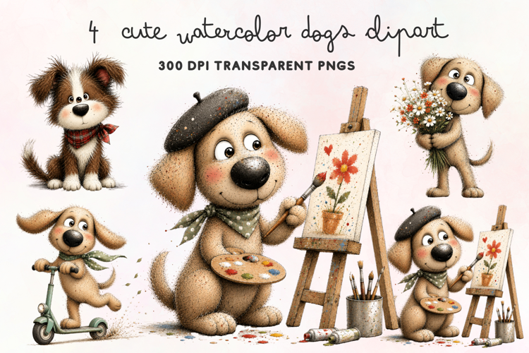 Cute Watercolor Dogs Clipart PNG