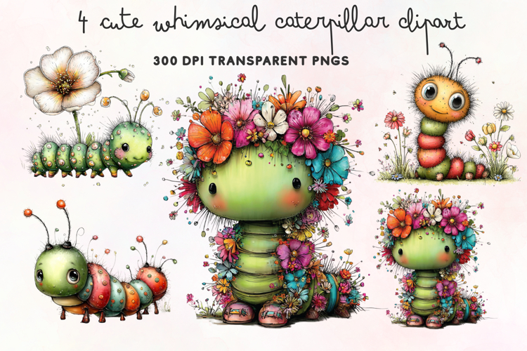 Cute Whimsical Caterpillar Clipart PNG example image 1