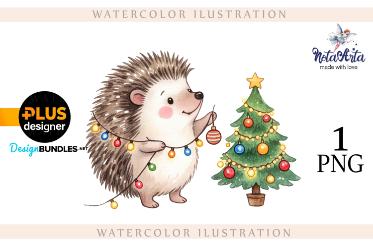 Watercolor illustration of Christmas hedgehogs