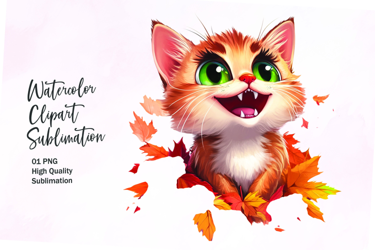 Cute cat with autumn leaves clipart png