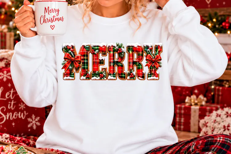 Merry Christmas Plaid Lettering Sublimation PNG