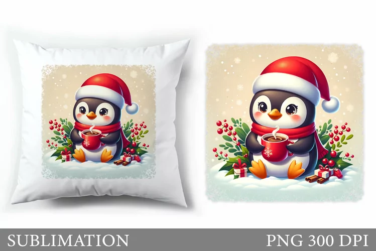 Cute Penguin Pillow Design. Christmas Pillow Sublimation