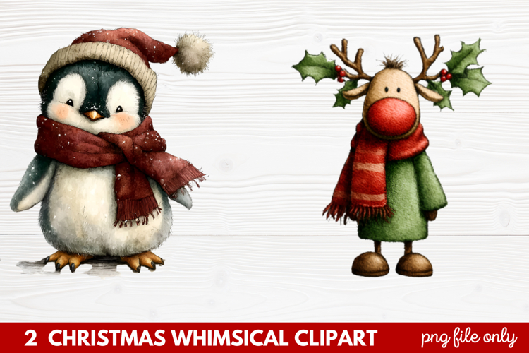2 Whimsical Christmas Clipart featuring cute holiday charact
