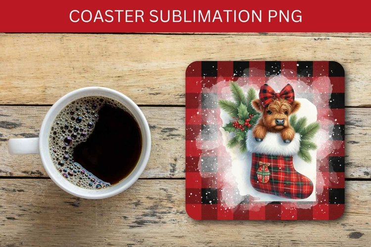 square coaster - highland cow in christmas stocking
