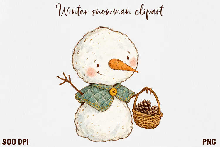 Cute Winter Snowman Clipart, Cozy Christmas Snowman PNG.