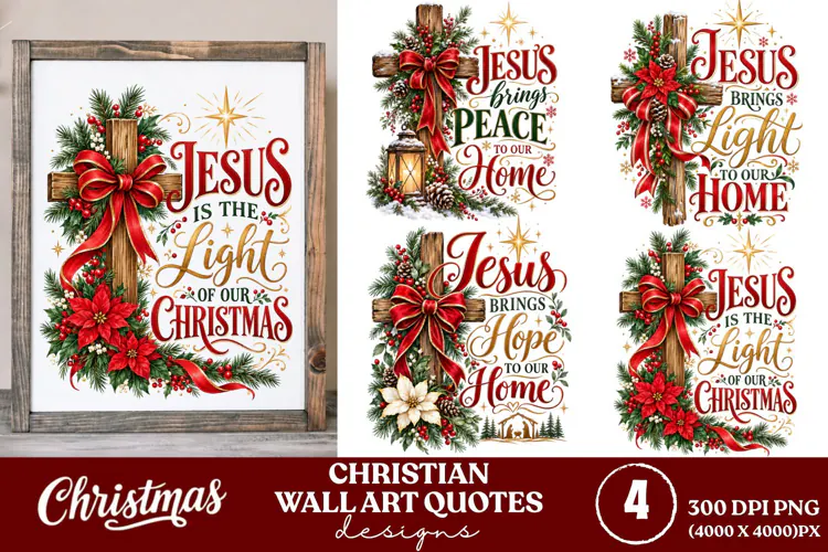 4 Christian Christmas Wall Art PNGs, 4 Bible Verse Christmas